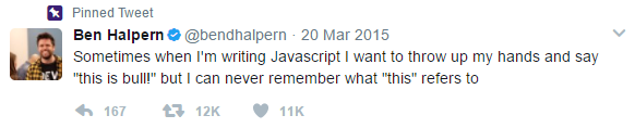 JavaScript `this` tweet by Ben Halpern